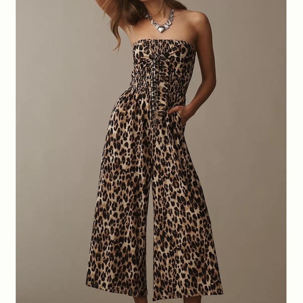 Anthropologie Leopard Print Strapless Jumpsuit